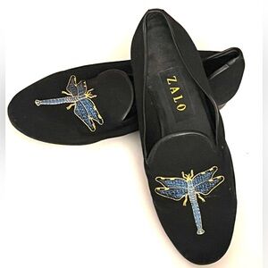 Zalo Black Embroidered Dragonfly Loafers